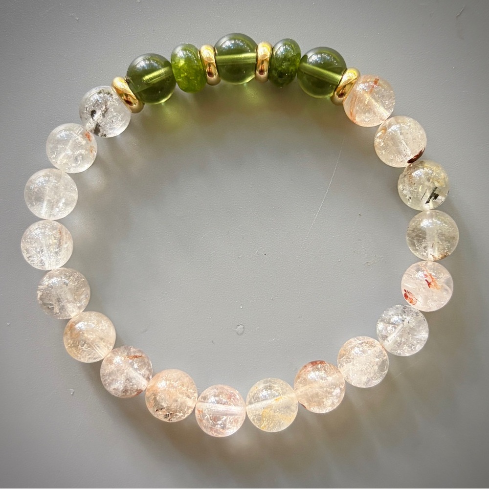 Green Moldavite and Herkimer Handcrafted Beaded Bracelet - Picture 2 of 6